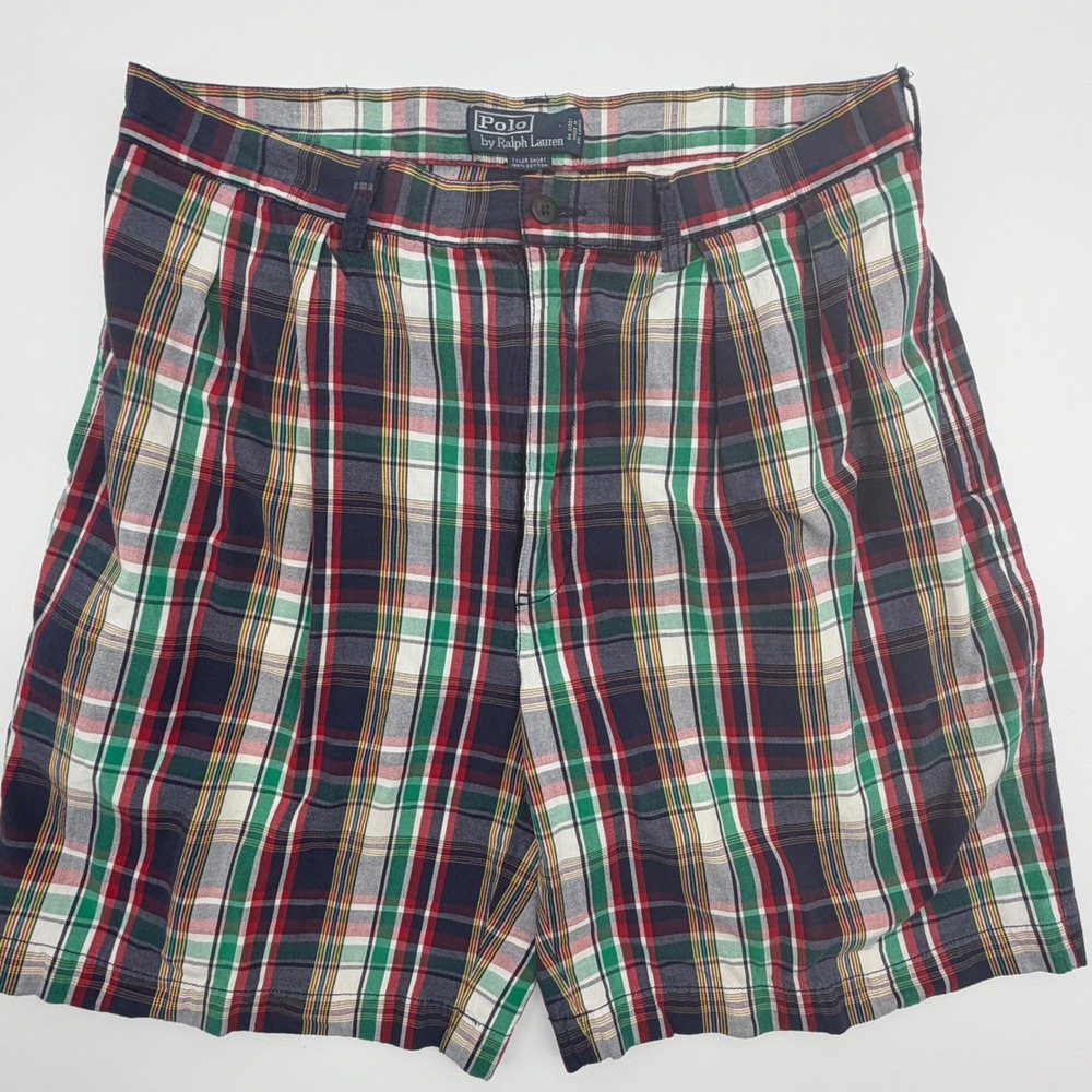 Polo Ralph Lauren Tyler Short Mens 34 Plaid Pleated Cotton Multi-Color Preppy